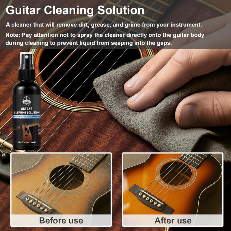 WAN2TLK 8Pcs Guitar Cleaning Kit, Guitar Maintenance Kit Includes Fret Polish, Cleaning Solution, Fretboard Lemon Oil, String Cleaning & Polish, String Cleaner, String Tuner, Masking Tape, 2 Cloth - Image 3